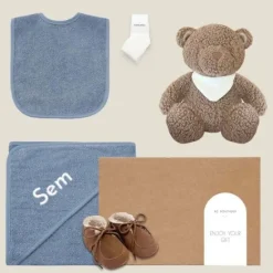 Kraamcadeau box met naam (grey/blue)